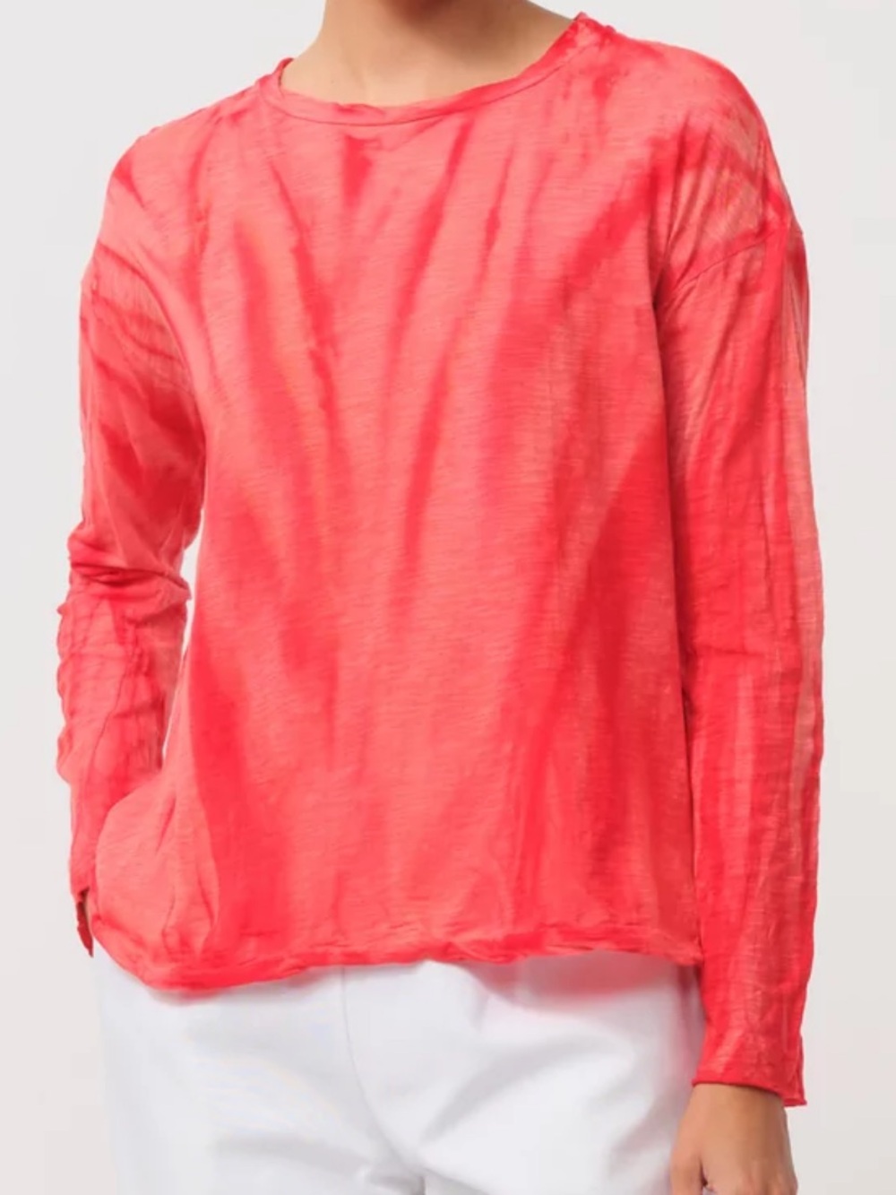 Gilda Midani Solid Dyed Long Sleeve Trapeze V-Neck Tee in Marble Fiesta Orange
